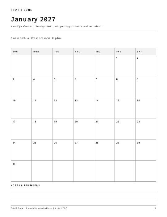 2027 Printable Monthly Calendar actual worksheet preview
