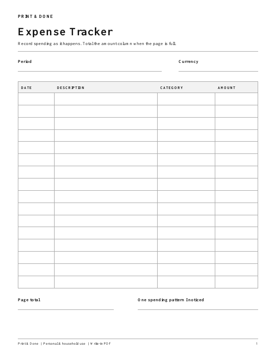 Expense Tracker Printable PDF actual worksheet preview