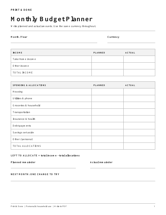 Monthly Budget Planner Printable actual worksheet preview