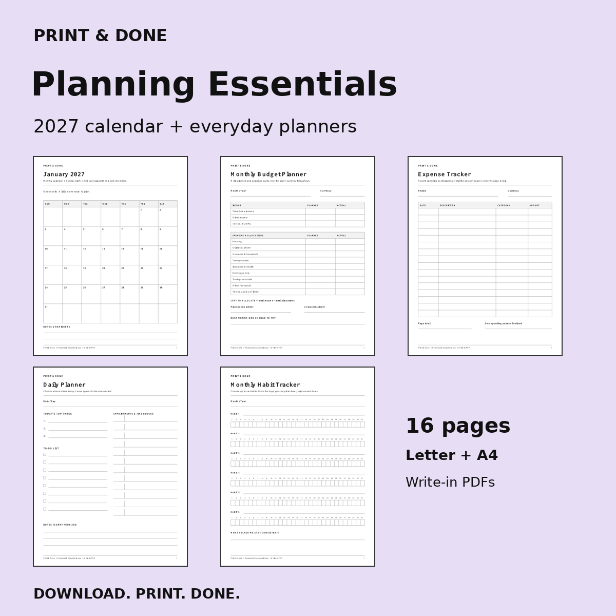 Planning Essentials: actual previews of five designs, 16 pages, Letter and A4