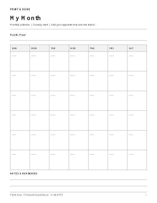 Free blank monthly calendar with Sunday-start weeks and notes