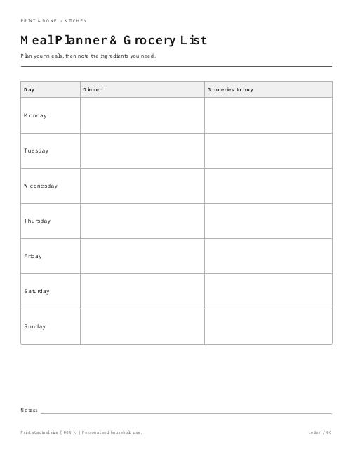 Meal Planner & Grocery List worksheet preview