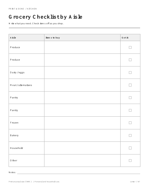 Grocery Checklist by Aisle worksheet preview
