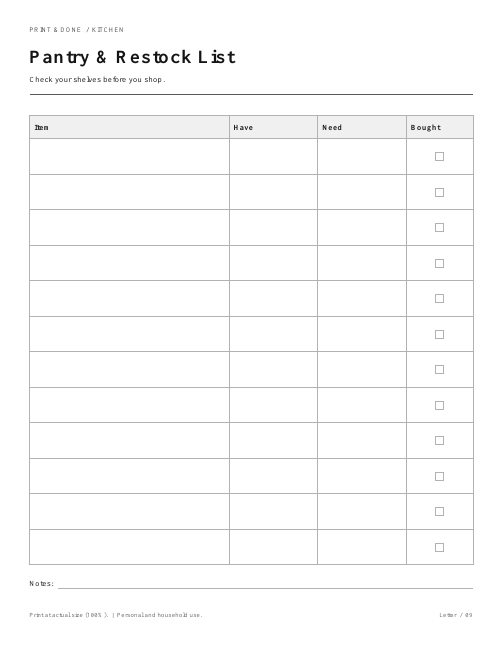 Pantry & Restock List worksheet preview