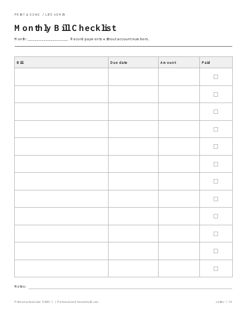 Monthly Bill Checklist worksheet preview