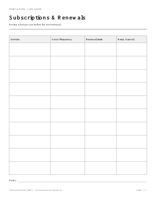 Subscriptions & Renewals worksheet preview