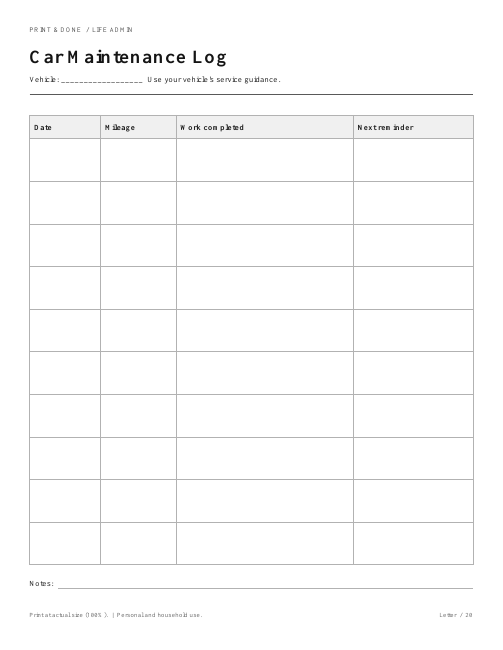 Car Maintenance Log worksheet preview