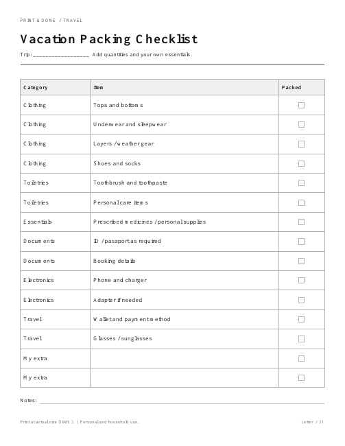 Vacation Packing Checklist worksheet preview