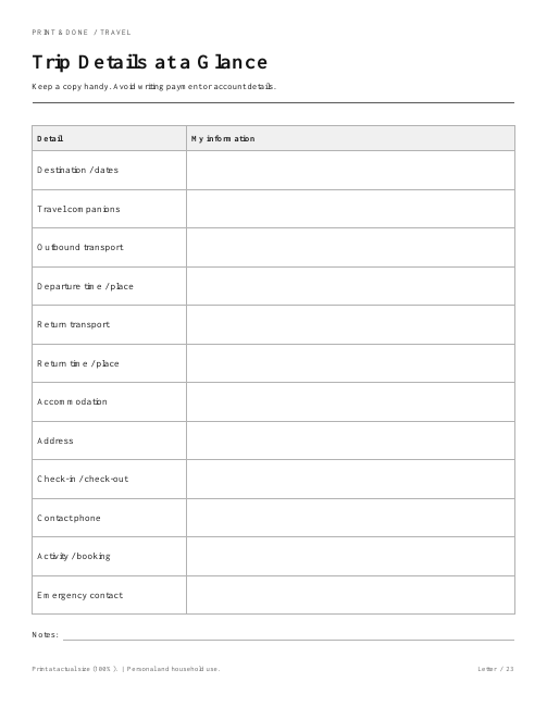 Trip Details at a Glance worksheet preview