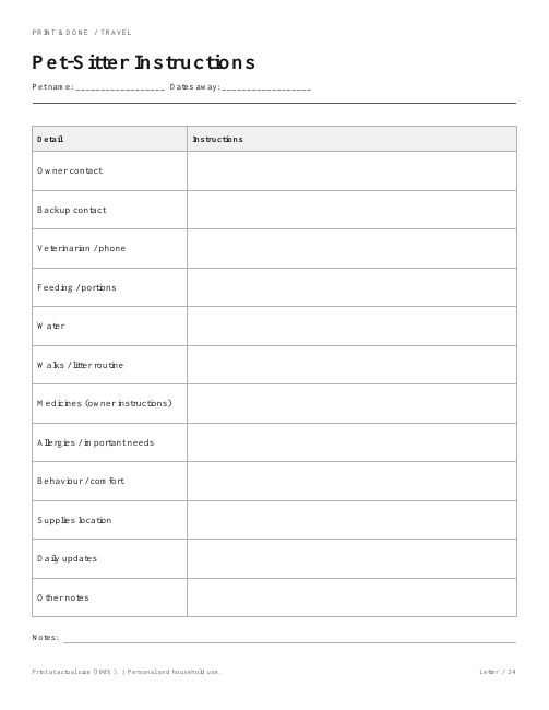 Pet-Sitter Instructions worksheet preview