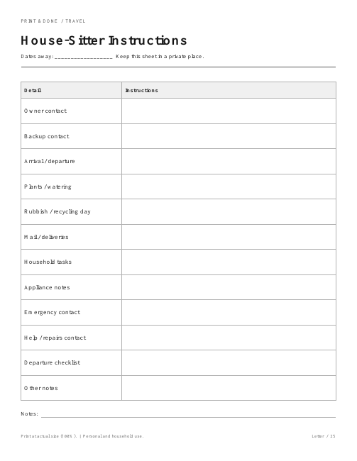 House-Sitter Instructions worksheet preview